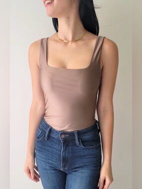 Dex Luxe Square-Neck Tank Top in Taupe